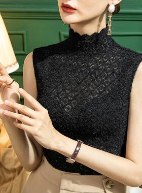 半高领磨毛蕾丝背心女2025新款内搭无袖打底衫薄款加绒款雷丝上衣