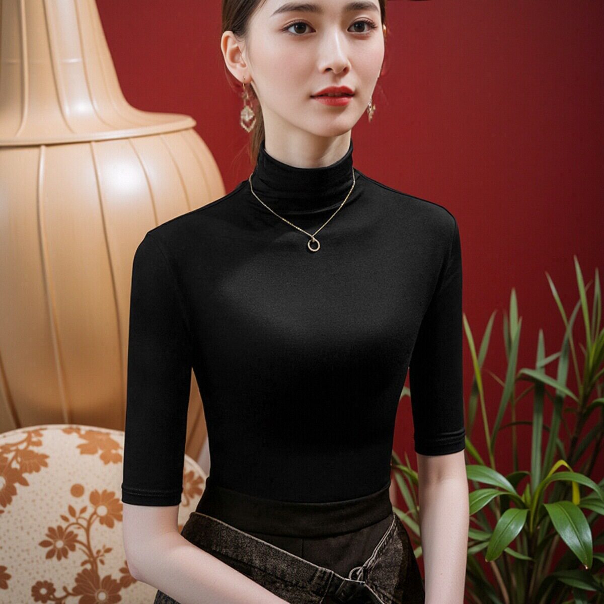 2026新款休闲半高领百搭打底衫女款中袖黑色春装半袖t恤纯色小衫