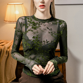 内搭沙体网纱t恤女长袖 薄款 植绒印花蕾丝打底衫 性感透视薄纱上衣