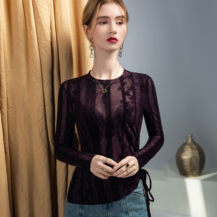 薄款植绒印花蕾丝打底衫女高级感长袖网纱t恤性感微透系带上衣秋