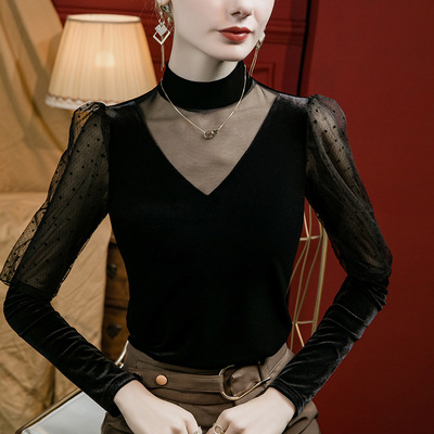 洋气蕾丝拼接网纱丝绒女上衣长袖