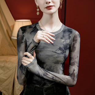复古扎染水墨画t恤女长袖纱衣打底衫古典舞蹈沙衣印花网纱上衣秋