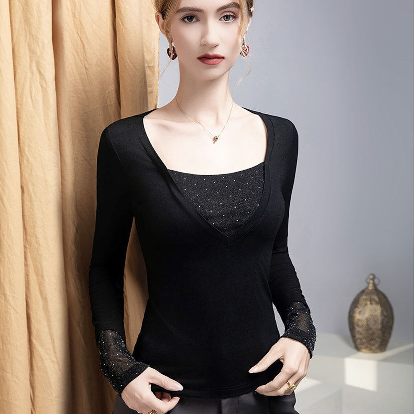 时尚打底衫女内搭可外穿洋气网纱拼接假两件长袖t恤独特别致上衣