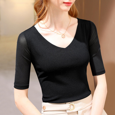 2025新款简约网纱v领t恤女夏中袖