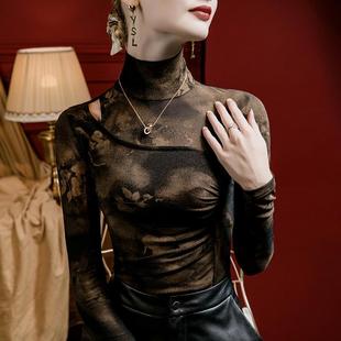 洋气高领印花网纱t恤女长袖独特别致纱衣打底衫高级感薄纱上衣秋