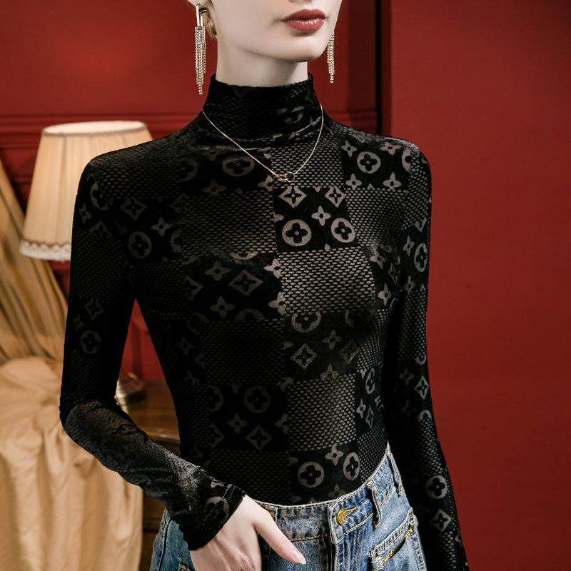 半高领丝绒打底衫女2025新款长袖t恤高级感黑色提花蕾丝上衣秋装