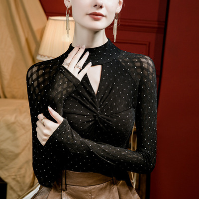 波点印花蕾丝网纱打底衫女秋长袖