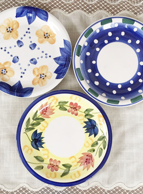 外贸出口复古稀有手绘蓝色花朵盘子餐盘摆件尾货余库存老物件老货