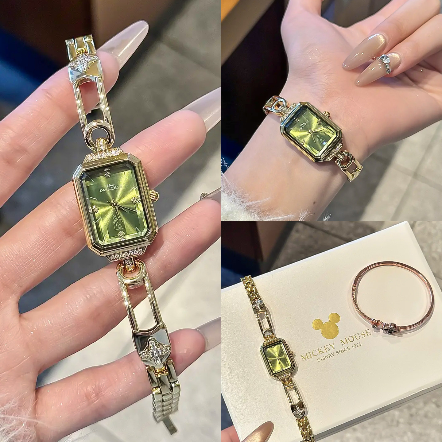 Disney迪士尼小别针手表女款轻奢高级精致小绿表送女友生日礼物