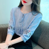 女洋气全棉七分袖 提花刺绣纯棉衬衫 宽松遮肚子上衣 2025年新款 夏季