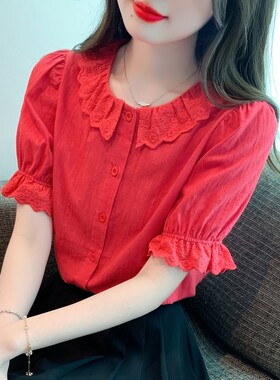 夏季2026新款女士衬衣时尚减龄纯棉衬衫女洋气全棉娃娃领上衣短袖