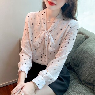 碎花雪纺衫女长袖系带小衫春秋季2026年新款女士薄款时尚减龄上衣