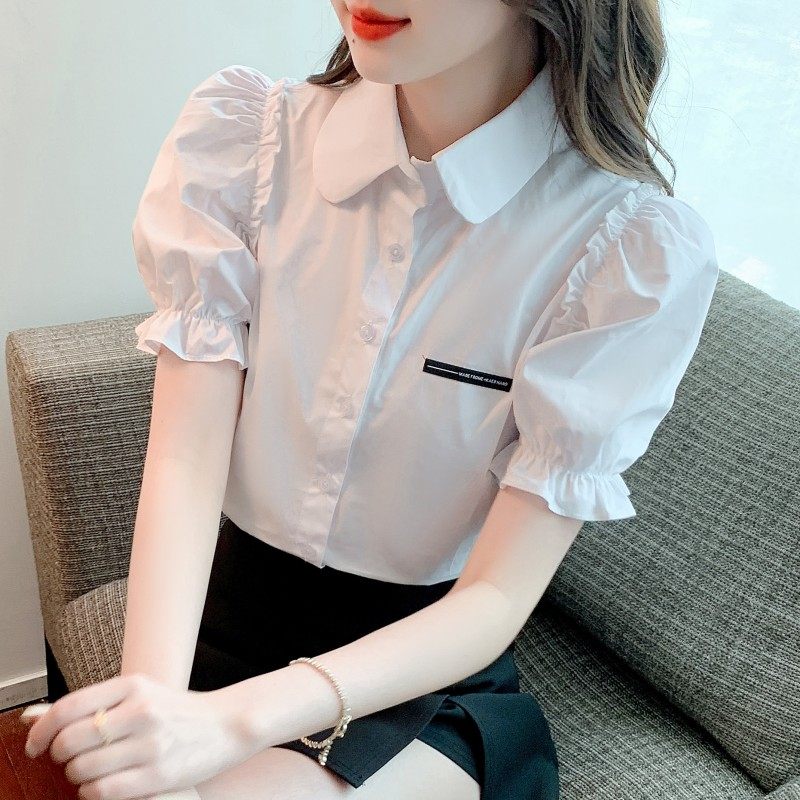 2025夏季新款纯棉衬衫女洋气全棉百搭短袖白色职业衬衣泡泡袖上衣