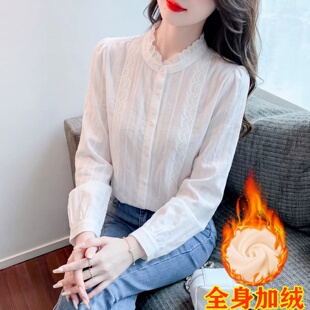 白色纯棉衬衫女长袖秋冬季2026年新款全棉衬衣小立领加绒保暖上衣