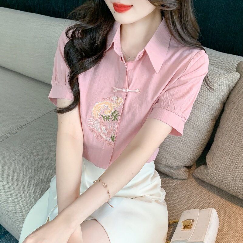 2026夏季新款女装时尚薄款纯棉衬衫女洋气全棉刺绣新中式上衣短袖