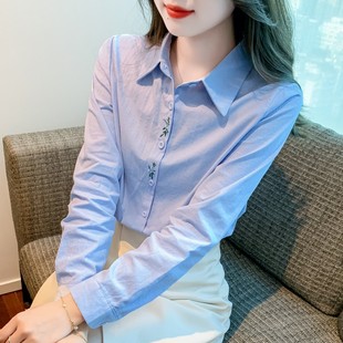 春装2025年新款女装时尚减龄纯棉衬衫女洋气全棉职业衬衣刺绣上衣