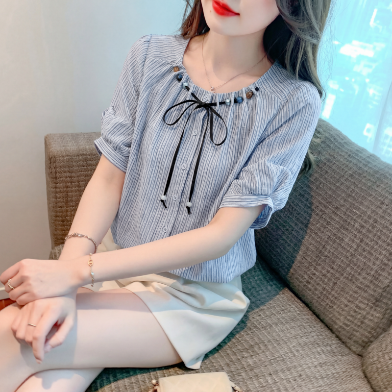 夏季2026年新款女装复古串珠条纹雪纺衬衫女短袖百搭宽松显瘦上衣