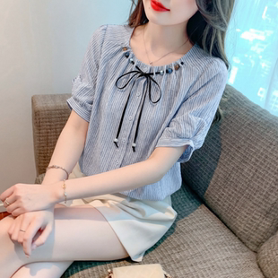 夏季2026年新款女装复古串珠条纹雪纺衬衫女短袖百搭宽松显瘦上衣