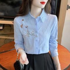 春秋装2025新款时尚刺绣纯棉加绒衬衣女长袖全棉衬衫女士洋气上衣