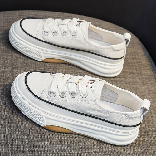 韩版中跟厚底圆头松糕小白鞋