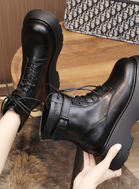 马丁靴女英伦风2024百搭新款春秋单靴真皮松糕厚底显瘦短靴显脚小