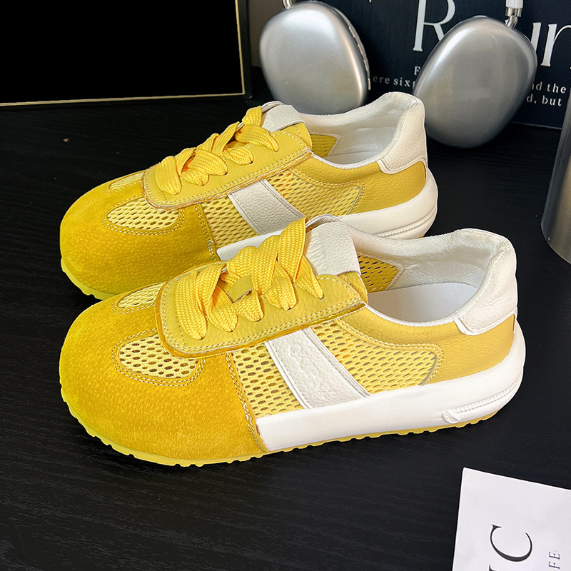 真皮薄款网面德训鞋女2025夏季新款厚底轻便透气网鞋运动休闲板鞋