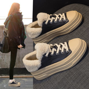 欧洲站女鞋2022秋冬新款爆款欧货真皮厚底毛毛鞋加绒保暖小白棉鞋