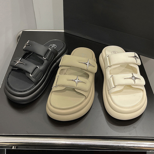 厚底一字带凉拖鞋女外穿夏季2023年新款真皮魔术贴休闲增高沙滩鞋