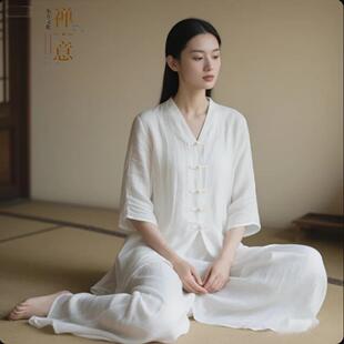 仙气禅服女款夏季薄款套装疗愈师服素衣修行禅服女禅修太极居士服