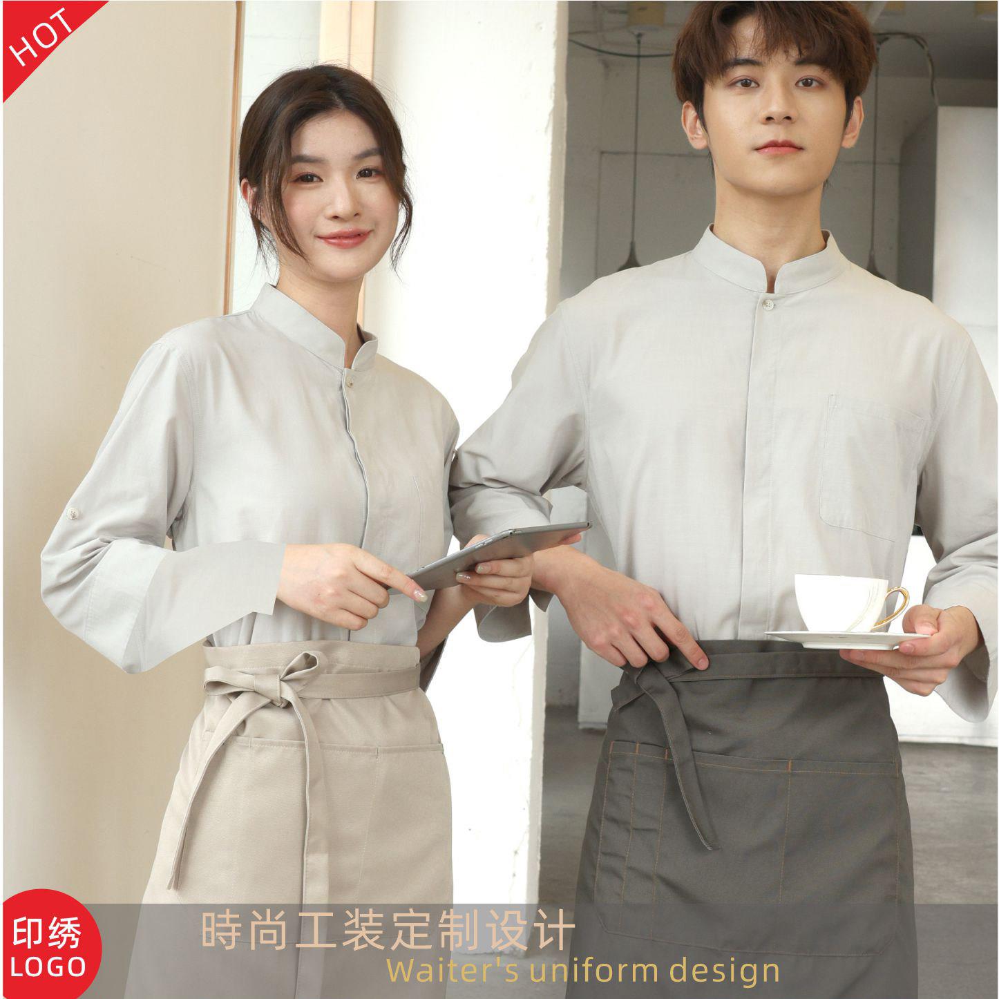 新中式工作服制服 餐饮服务员春夏制服棉质中袖衬衫 民宿网咖工作