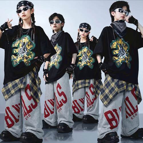 六一儿童街舞演出服装男童嘻哈街头风夏季酷帅套装少儿hiphop潮服