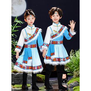 新款少数民族鄂伦春族演出服装表演服儿童舞蹈服合唱服男女童长裙