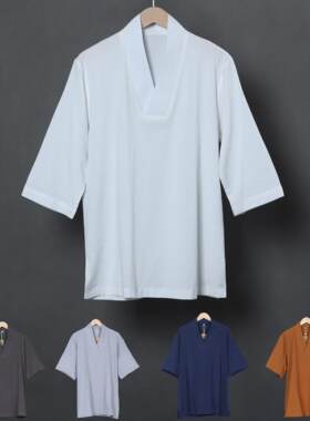 纯棉交领汉服内衫打底衫僧服道服内搭古装T恤衫居士服汗衫禅修服