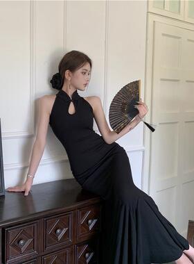 高级感复古性感夏季女装新中式修身显瘦改良旗袍鱼尾裙黑色洋装
