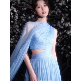 晚礼服2025新款蓝色单肩晚宴主持宴会纱裙艺考毕业典礼礼服女生日