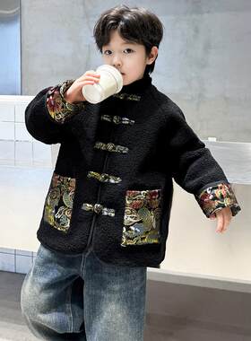 男童毛毛衣冬装新款儿童国潮汉服唐装中大童男孩棉衣外套拜年服