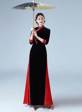 t台金丝绒旗袍礼服2025新款长款优雅高端性能服装中袖中式女式紧