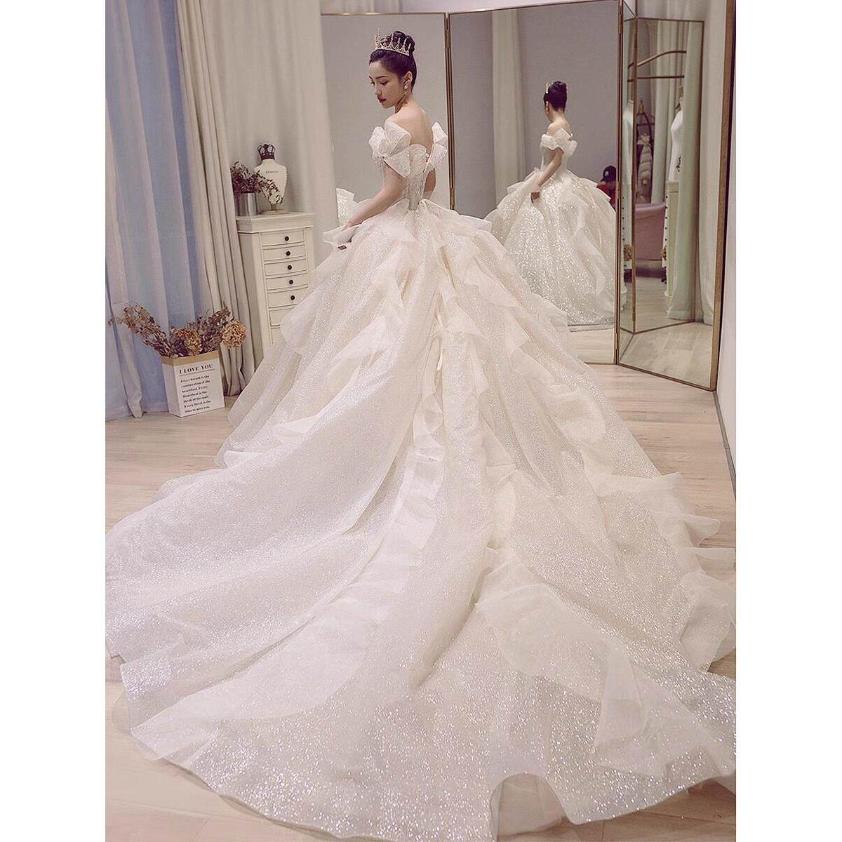 大码婚纱礼服胖mm200斤加肥加大新娘结婚 拖尾主纱高级质感一字肩