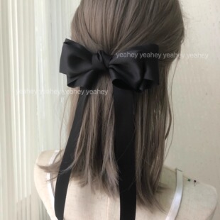 经典小众设计黑色大蝴蝶结发夹双层布艺高级感鸭嘴弹簧夹头绳发圈