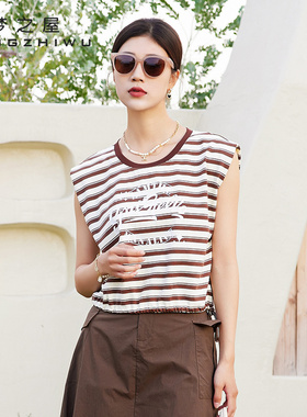 梦之屋短袖T恤女2026春夏新款韩版宽松大码条纹字母无袖Z28953