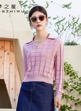 梦之屋2026春季新款时尚百搭翻领格子长袖针织衫女薄款毛衣M28278