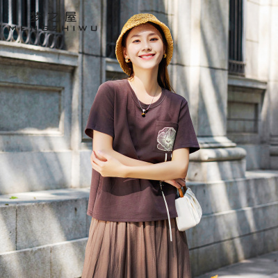 梦之屋新中式刺绣显瘦短袖T恤女