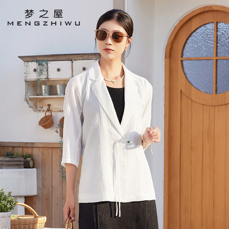 梦之屋2025夏季新款新中式五分袖白色西装外套女薄款西服W28312