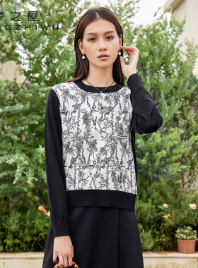长袖毛衣女梦之屋2025秋季新款复古撞色印花宽松圆领针织衫M29291