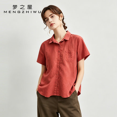 梦之屋夏季棉麻短袖显瘦衬衫女