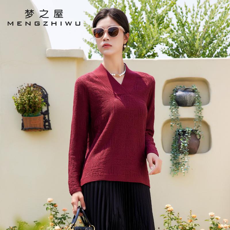 梦之屋羊毛套头V领复古长袖毛衣