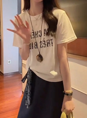【轻奢设计感】夏季胖mm大码女装不规则字母绑带宽松显瘦正肩短袖