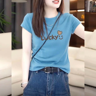 显瘦圆领套头时尚 海蓝色显白短袖 修身 新款 洋气上衣 t恤女2026夏季