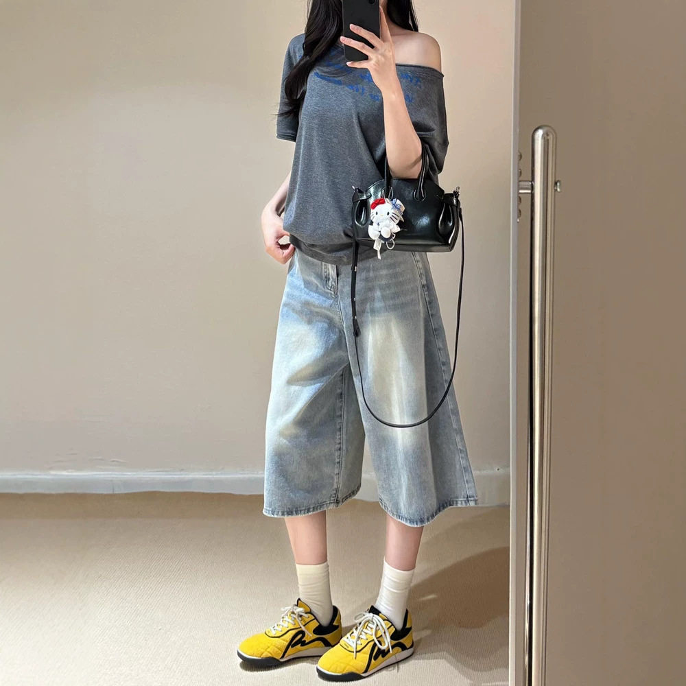 美式复古水洗浅色牛仔七分中裤女牛仔裤