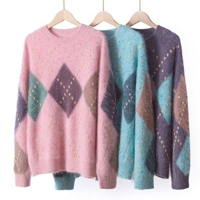 纯山羊绒拉绒毛衣女菱形格圆领